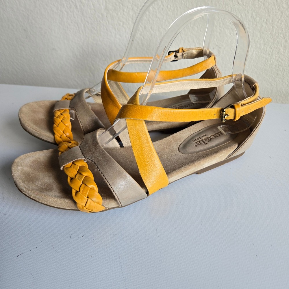 Bussola Kalmar Mustard Yellow Taupe Leather Braided Flat Sandals Womens 39 8.5